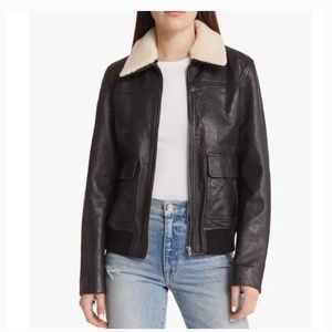 Leather Bomber Jacket with Removable Faux Shearling Trim - Treasure & Bond